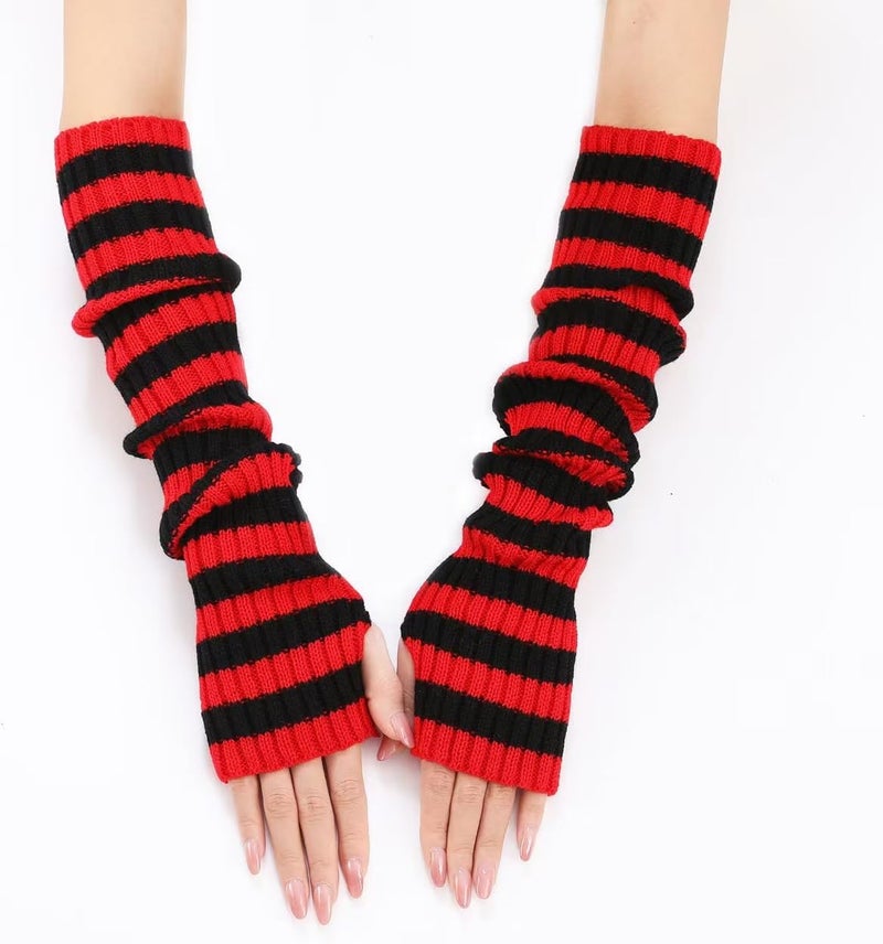 Sumleno Long Fingerless Gloves Knitted Y2k Striped Arm Warmers for Women Girls Punk Gothic Emo Scene Grunge Accessories - Image 3